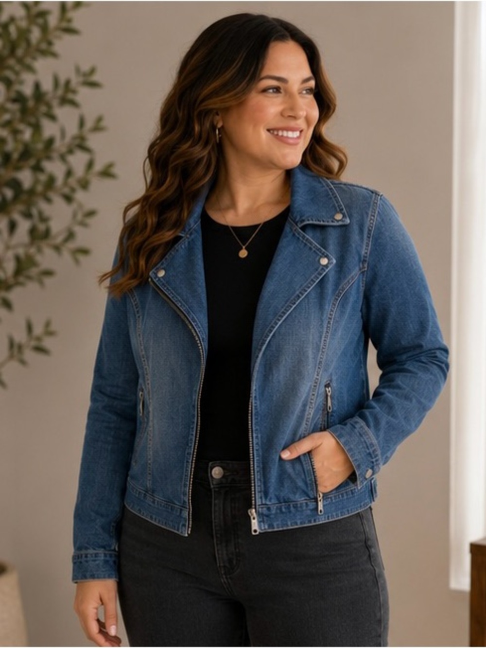 Chico’s Platinum Denim Moto Jacket Size 2 Blue Stretch Zip Pocket Jean Jacket